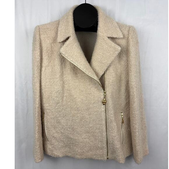 VTG St. John Collection Marie Gray Jacket Cream Asymmetrical Zip Wool USA Sz 12 - Picture 13 of 16
